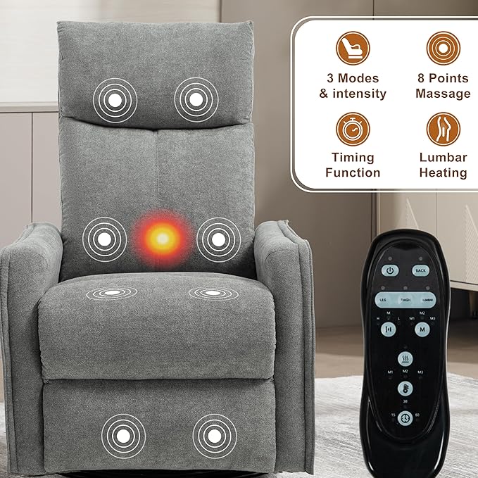Manual 360° Swivel Rocker Recliner Chair for Adults Overstuffed Glider Chair for Nursery with Vibration Massage &amp Heat Comfy Soft Fabric Recliner Chair with Side Pockets for Living Room Light G