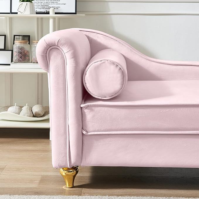 60.6 Modern Storage Chaise Lounge IndoorVelvet Upholstery Sofa Chair with1 Toss PillowsUpholstery Lounge Sofa with Gold Metal Legs for Small ApartmentLiving RoomOfficeReception AreaPink