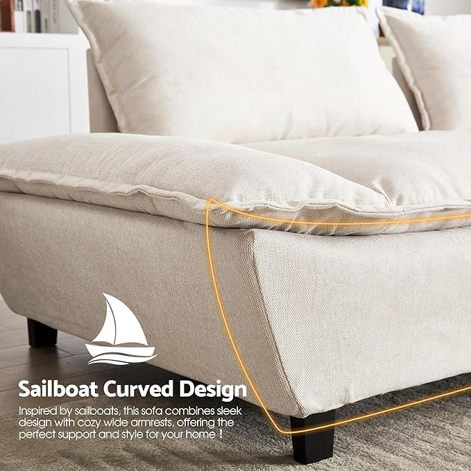 114” Sailboat Cloud Sectional Sofa Bed Convertible Modular Couch with Extra Deep Seats for Living Room Beige