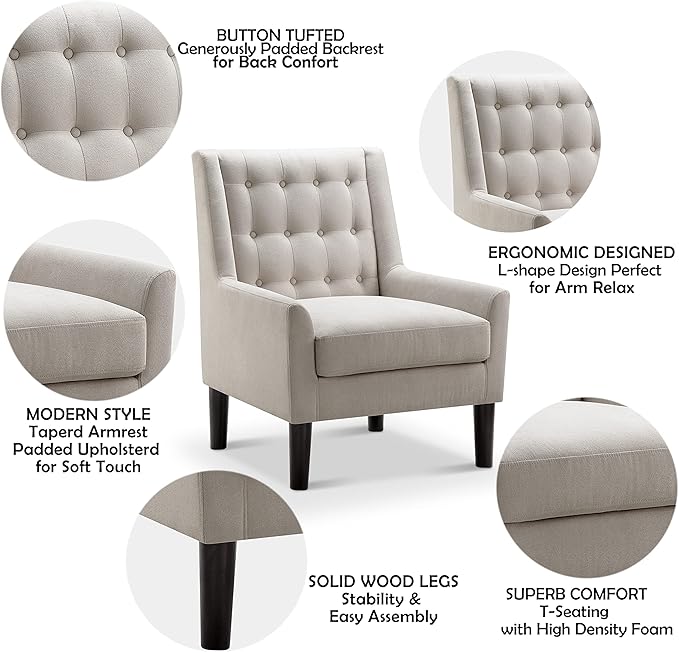 Rosevera Accent Chair - Mid-Century Modern Upholstered Armchair for Living Room or Bedroom - Comfy Reading Chair with Footrest Small Accent Chair - Pearl Velvet