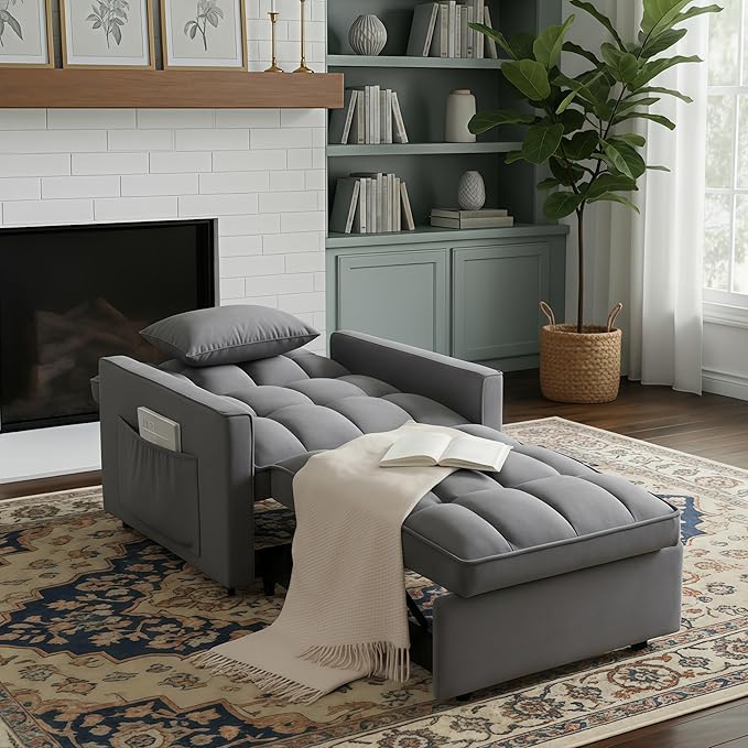Convertible Sleeper Chair Pull Out Chair Sleeper with Adjustable Back &amp Pocket Chairs Bed Sleepers for Adults 3 in 1 Sofa Bed Chairs for Small Spaces Living RoomGray
