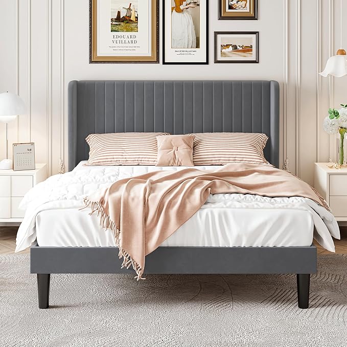 SHA CERLIN Queen Size Velvet Bed Frame with Vertical Channel Tufted Wingback Headboard Upholstered Platform Bed with Wood Slats No Box Spring Needed Easy Assembly Grey