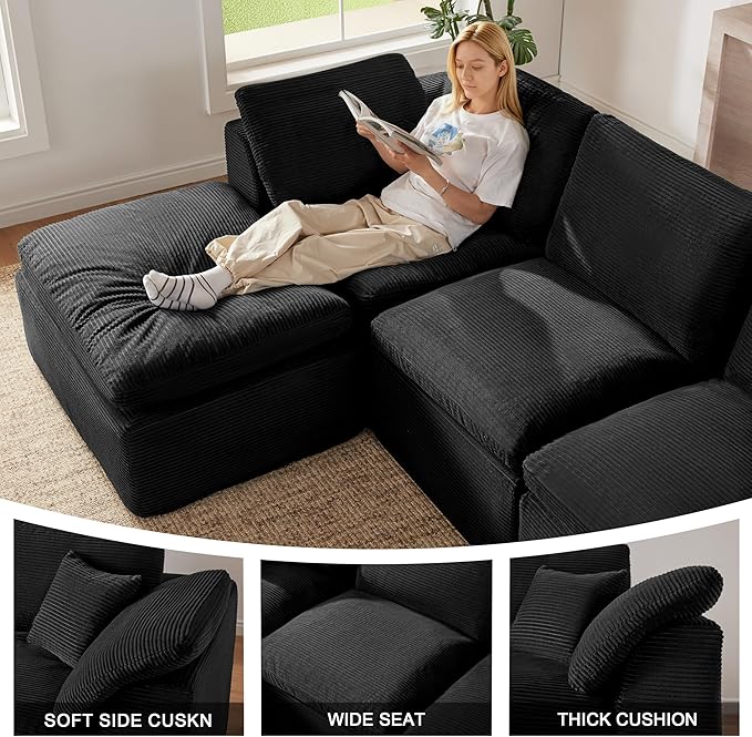 112 Cloud Sectional Couch Boneless Couches for Living Room L Shaped Couch with Convertible Ottoman Modular Sectional Sofa with Deep Seat Comfy Soft Cushions No Assembly Black