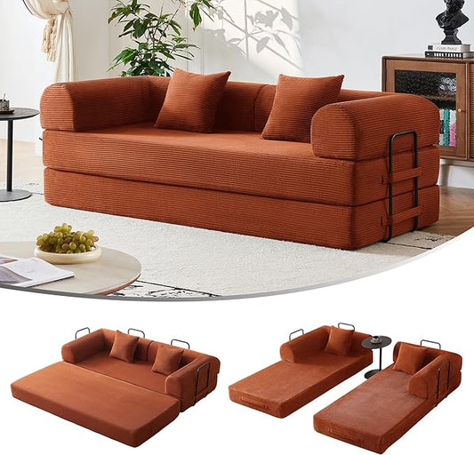 5-in-1 Convertible Cloud Sofa Bed | 79 Corduroy with High-Density Foam &amp 4 Reinforced Steel Frames | No Tools Setup Straight Armrests for Small Space Apartment Living (Orange)