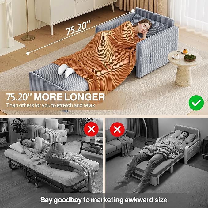 Ahomly 3 in 1 Convertible Sleeper Chair Corduroy Single Sleeper Sofa Bed for Adults 75.2 Long Pull Out Chair Bed with Side Pockets for Living Room Small Place Gray