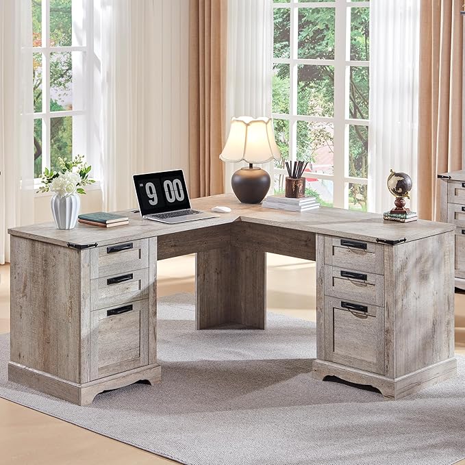 RedLemon 60 Farmhouse L Shaped Executive Desk with Drawers Wood Home Office Corner Desk with Charging Station File Drawer Storage Cabinet Rustic Computer Writing Desk (Light Rustic Oak)