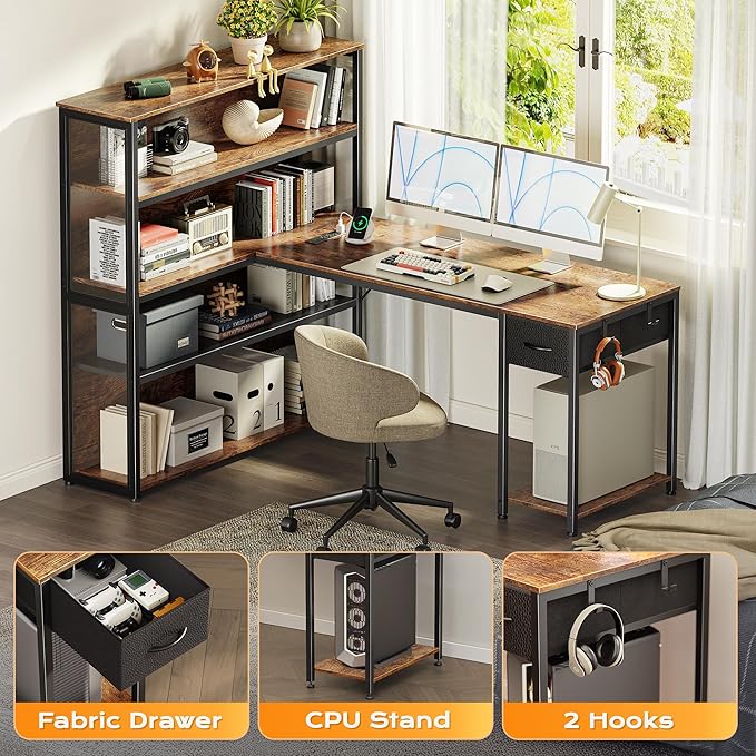 PRAISUN 57 Inch L Shaped Gaming Computer Desk with Larger Open Cabinet Reverisble Office Desk with Power Outlets LED Lights Work Desk Fabric Drawer Adjustable Wood and Mesh Shelf Rustic Brown