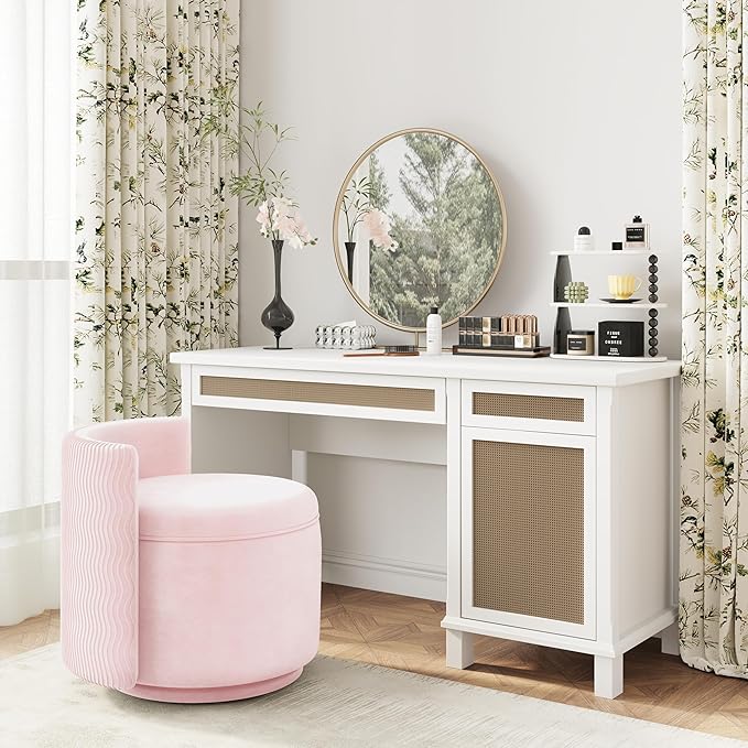 360° Swivel Accent Chair with Storage Vanity Stool with Back Velvet Storage Ottoman Upholstered Round Barrel Vanity Chair for Living Room Makeup Room Bedroom (Pink)