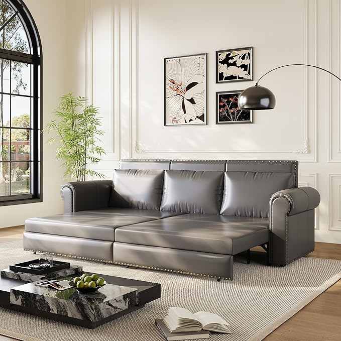 healthomse 93.7 King Size Pull Out Sofa Bed 3-in-1 Faux Leather Convertible Sleeper Sofa with Ultra Rolled Armrests Tufted Modern Sofa with 3 Pillows for Bedroom Living Room Apartment