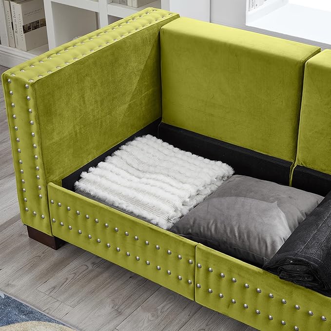 84.5 Wide 3-Seater Velvet Sofa with Storage Mid Century Modern Chesterfield Couch Upholstered Love Seat with Deep Seat &amp Retro Trim Green Velvet Couch for Living Room Office Apartment (Green)