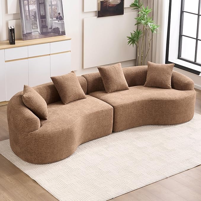 Yoglad 110‘’ Boneless Curved Sofa Modern Cloud 4-Seater Floor Couch Minimalist Compression Sofa for Living Room Apartment Studio Office No Assembly Needed(Chenille Camel)