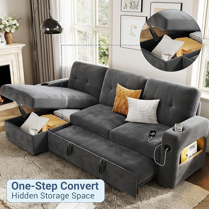 GarveeHome 84 Inch Sleeper Sofa Bed L-Shaped Sofa Convertible Pull Out Couch Bed with Storage Charging Station LED Lights Modern Sectional Sofa for Living Room Apartment Velvet Dark Grey
