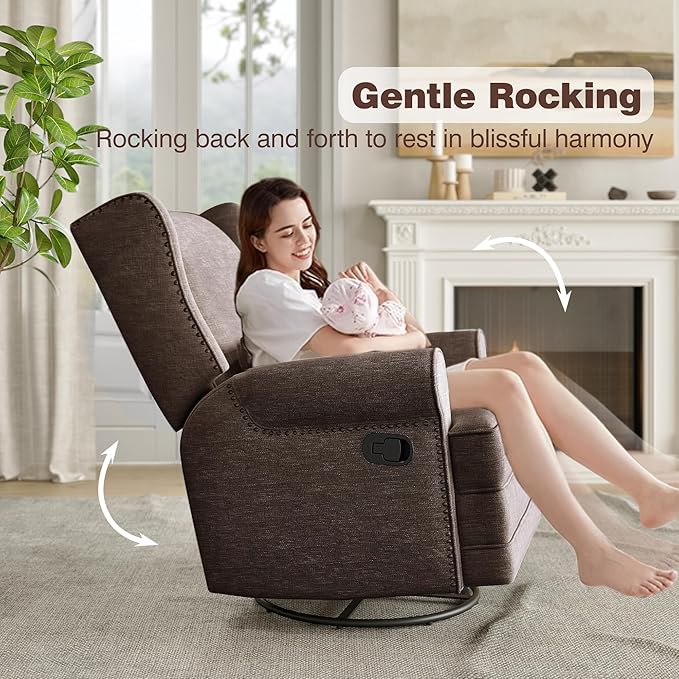 Nursery Glider Recliner Comfy Upholstered Glider Chair with Lumbar Pillow and Footrest Swivel Rocking Chair for Bedroom Living Room Brown
