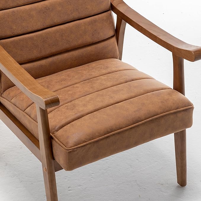 Unique Mid Century Modern Accent Chair with Open-Framed Armchair Design Plush Foam Cushioning and Leather-Look Microfiber Seat and Back Cushions Brown