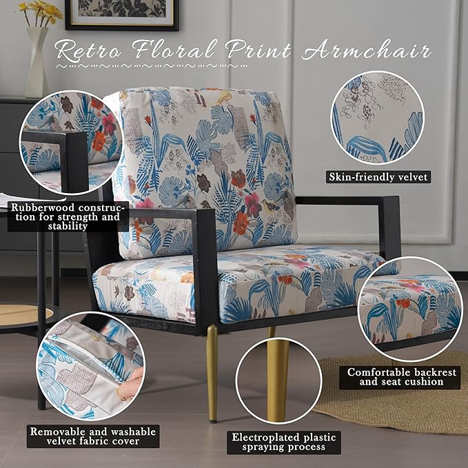 Velvet Accent Armchair with Gold Metal Legs &amp Rubberwood Frame Wide Armrest Lounge Chair with Pillow Back Sofa Chair with Retro Low Back Floral Print Design for Living Room &amp Balcony Blue F