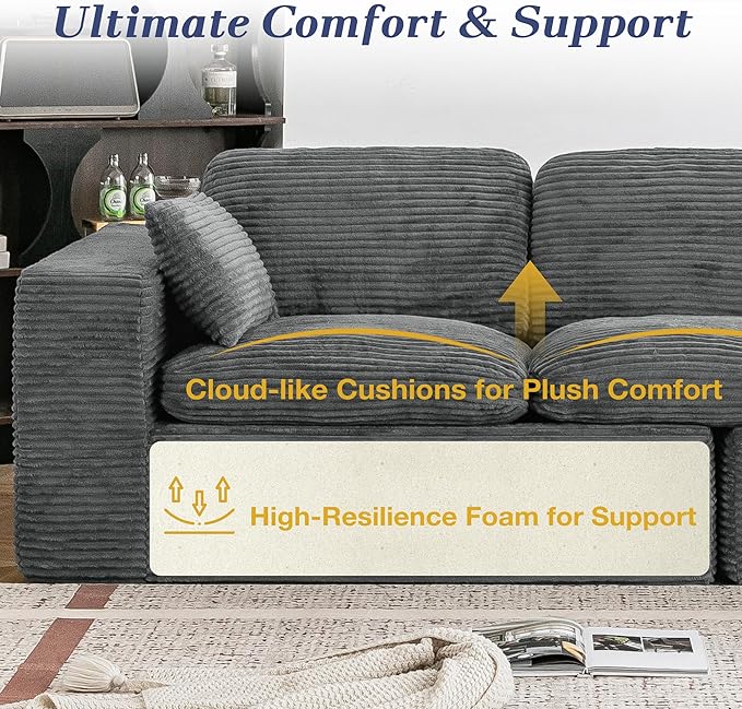 Esright 110 Oversized Sofa for Living Room Cloud Boneless Couch with Fluffy Seat Cushions 3 Seater Upholstered Floor Sofa No Assembly Required Grey