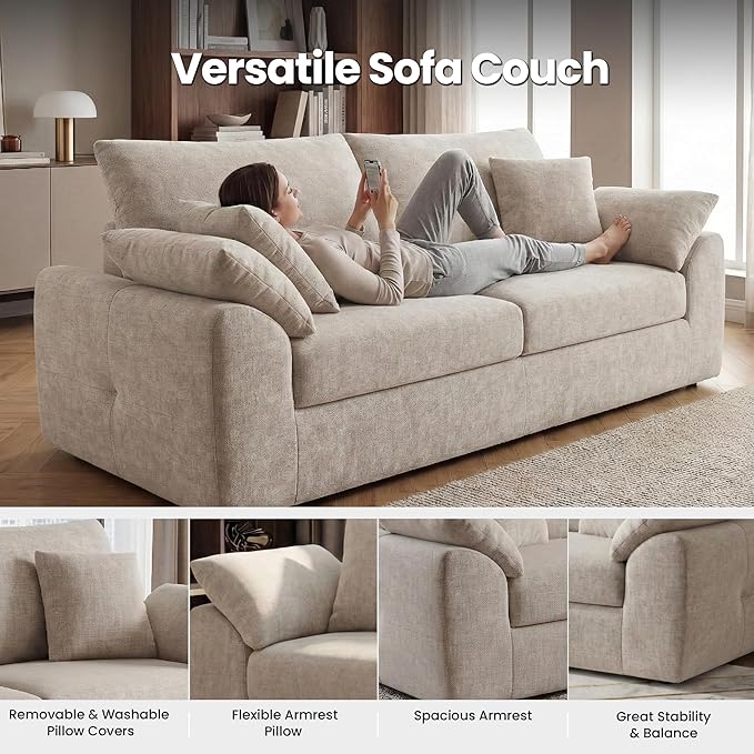 89.8 Modern Loveseat Sofa for Living Room Cloud Boneless Couches with 4 Pillows Mid Century Loveseat couches for Small Place No Assembly Required Camel