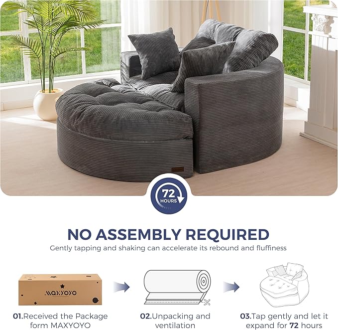 MAXYOYO Modular Sectional Chaise Lounge Sofa Round Upholstered Lounge Chair with Ottoman Comfy Couch with Layered Cushion Tufted Sleeper Chair for Living Room No Assembly Dark Grey