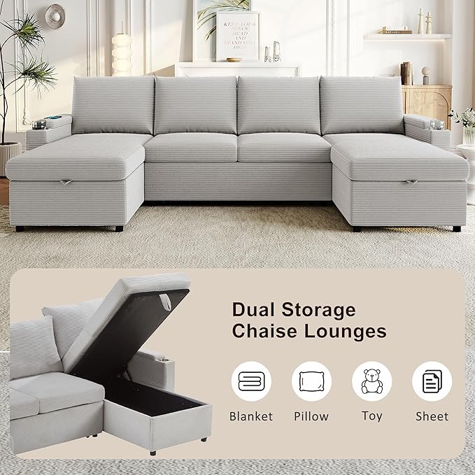 109.5 Sectional Sofa Convertible Pull-Out Sofa Bed with 2 Storage Chaise Lounges and Cup Holders Chenille Fabric U-Shaped Couch with Storage Boxes &amp USB Ports for Living Room (Grey-9.19)