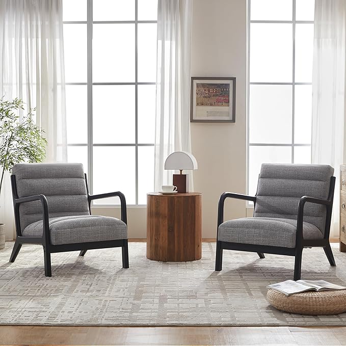 VKNOW Accent Chair with RubberWood Frame Mid-Century Modern Upholstered Reading Armchair High Back Lounge Armchair Living Room Chair for Bedroom Reading Room Grey