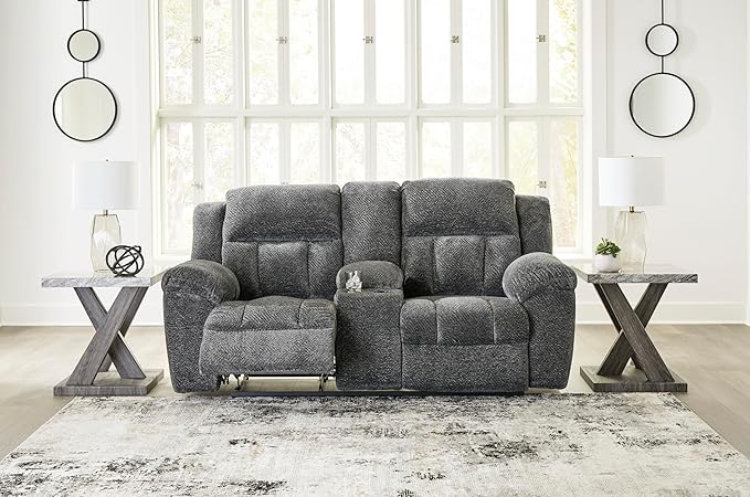 Signature Design by Ashley Frohn Contemporary Manual Reclining Loveseat with Console with Console Storage and Cup Holders Gray