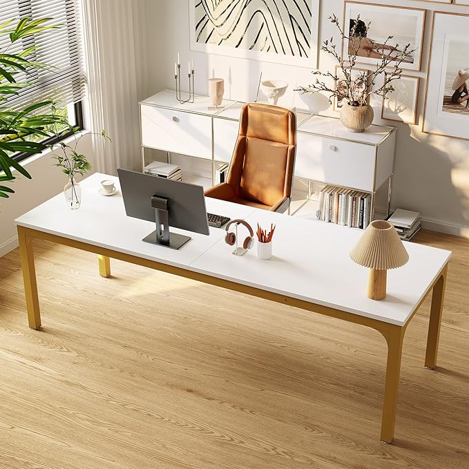 LITTLE TREE 78.7-Inch Ultra Long Two-Person Desk Writing Gaming Work Computer Double Desk for Home Office White + Gold