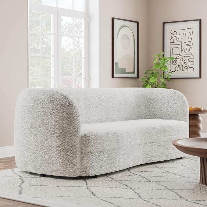 Furniture of America Nimiane Modern Boucle Sofa with Curved Arms and Wooden Legs Comfy Fabric Upholstered 3 Seater Couch for Living Room Bedroom Home Office Off-White