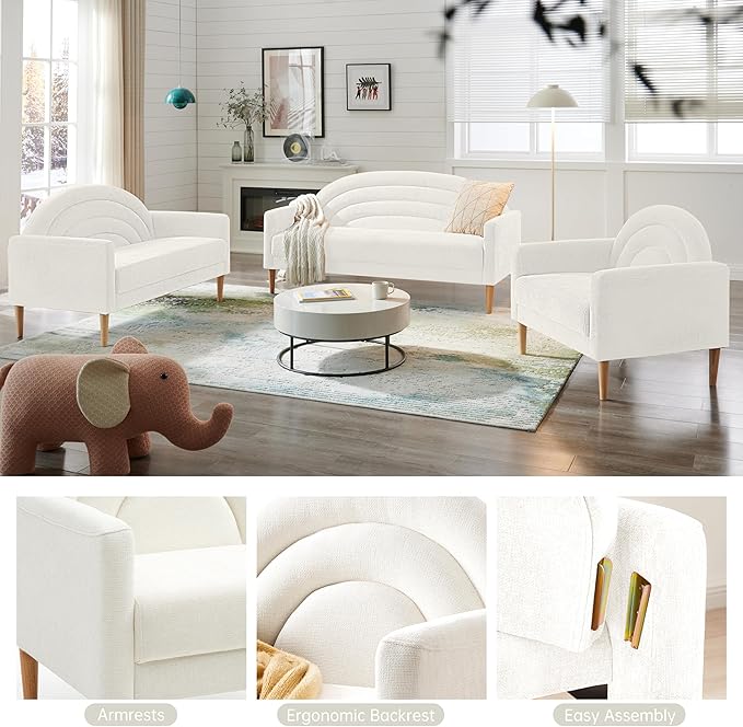 49 Small Loveseat Sofa for Small Spaces Mid Century Modern Sofa Linen Upholstered Furniture with Wood Frame Mini Couch for Living Room/Bedroom Office Couch Easy Assembley Cream White