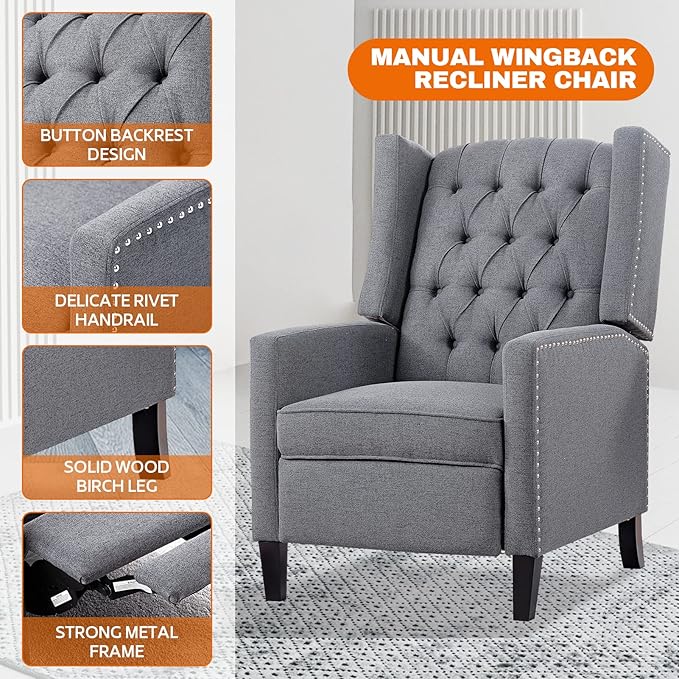 Gray Recliner Chair for Adults Accent Wingback Chairs Living Room Chair Mid-Century Modern Fabric Recliner Button Tufted Club Chair Upholstered Reclining Reading Arm Chair 27