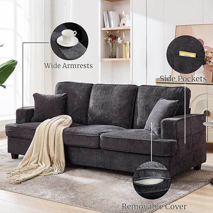 Couches for Living Room 89 inch Cloud Couch Sofa in Chenile with Extra Comfy Soft Deep Seats Modern 3 Seater Sofas for Living Room Bedroom Office Apartment Grey
