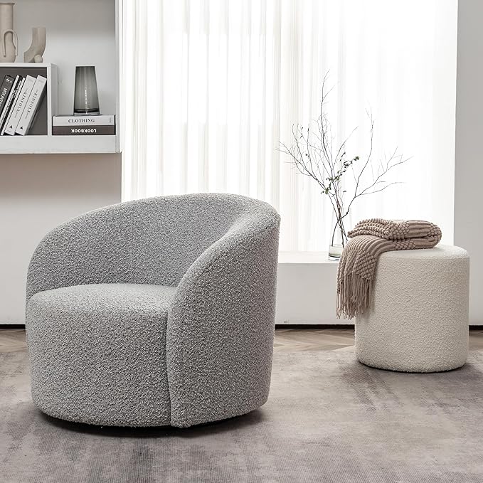 KINWELL 34 Boucle Swivel Barrel Chair with 18 Round Ottoman Set Fully Assembled Set of Sherpa Accent Chair and Footrest Modern Comfy Armchair and Footstool for Living Room and Bedroom Black White