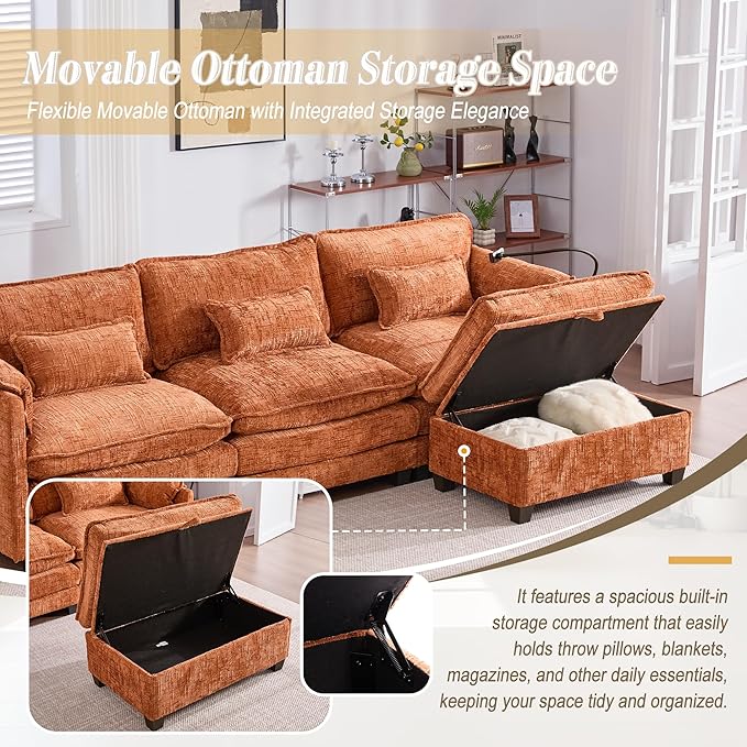 KEIKI 110 L-Shaped Boucle Modular Sectional Chenille Sofa with Ottoman &amp Memory Foam Cushion &amp Phone Holder &amp USB Upholstered Modern Oversized 4-Seater Couch Easy Assembly for Living R