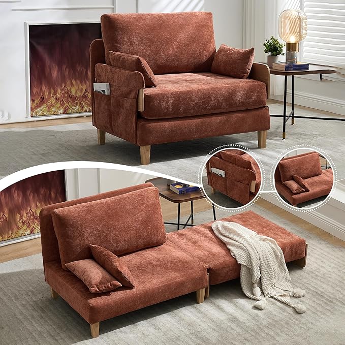 GDFStudio Foldable Sofa Bed Recliner 3-in-1 Convertible Sleeper Sofa with Pillows Mid Century Modern Chenille Upholstery for Small Spaces Bedroom Study Room Guest Room Orange