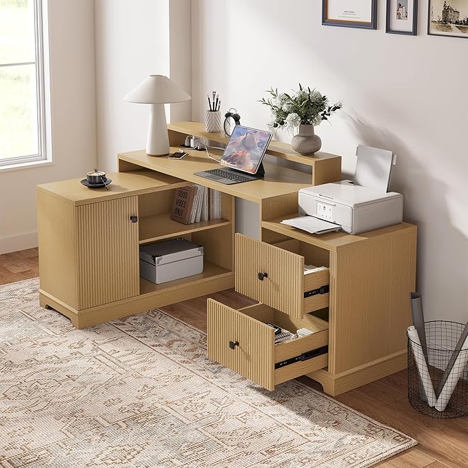 67 L Shaped Executive Desk with Drawers &amp Storage Shelf Corner Computer Desk with Power Outlets Home Office Desk with Monitor Stand Printer Shelf Computer Writing Desk for Work Oak