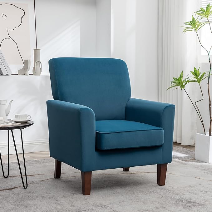 Contemporary Accent Arm Chair with Birch Wood Frame and Velvet Upholstery Armchair for Office and Living Room Decor Removable Cushions Greenish Blue