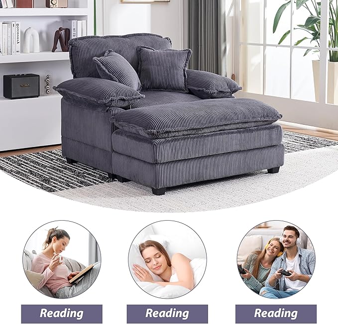 TTK Oversized Chaise Lounge Chair with Ottoman - 39.17 Wide Modern Sleeper Sofa for Living Room Bedroom &amp Office - Deep Seat Sectional Couch with Pillow Comfortable Reading ChairGray