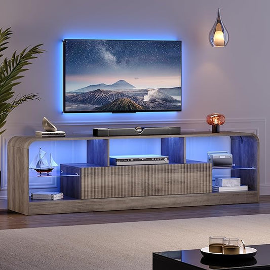 TV Stand for 60/65/70 Inch TVs Modern Curved TV Console with LED Lights 2 Drawers &amp Glass Shelves Living Room Entertainment Center