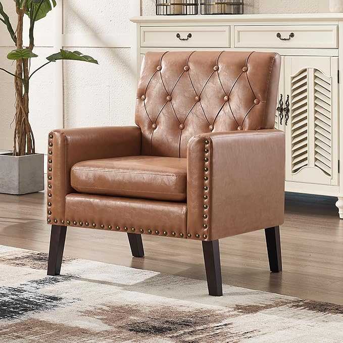 Mid Century Modern Accent Chair Light Brown Faux Leather Office Chair for Reception - Tufted Leather Club Chair for Living Room Bedroom or Waiting Room
