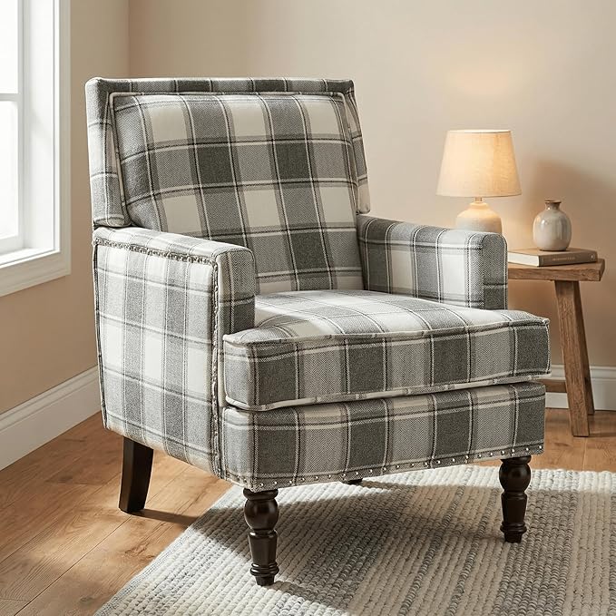 Plaid Accent Chair Mid-Century Modern Armchair Upholstered Decorative Reading Chair for Living Room Bedroom or Home Office Seating(Gery)