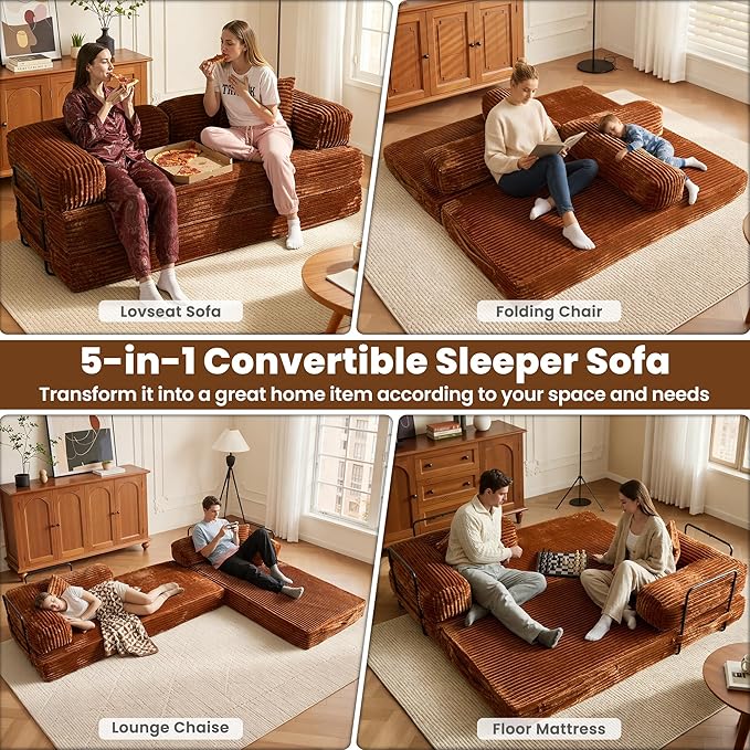 ovios 81 Folding Sofa Bed Foldable Sleeper Boneless Couch with Pull Out Beds Modular Convertible Floor Futon Loveseat Lounger for Living Room (Faux Fur Brown)