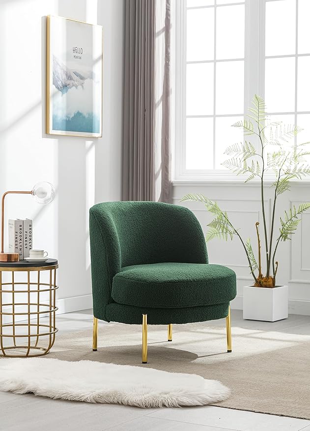 Generic 28.4 W Accent Chair Upholstered Curved Backrest Reading Chair Single Sofa Leisure Club Chair with Golden Adjustable Legs for Living Room Bedroom Dorm RoomGreen Boucle