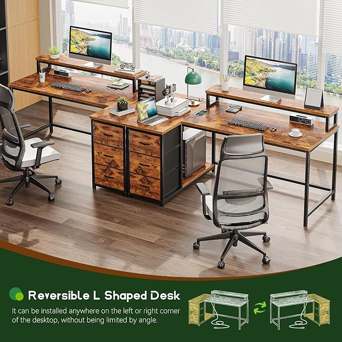 EnHomee L Shaped Desk with 3 Drawers 40 Inch Small Desk with Monitor Stand Gaming Desk with Power Outlet Computer Corner Desk with LED Lights for Gaming Home Office Study Room Rustic Brown