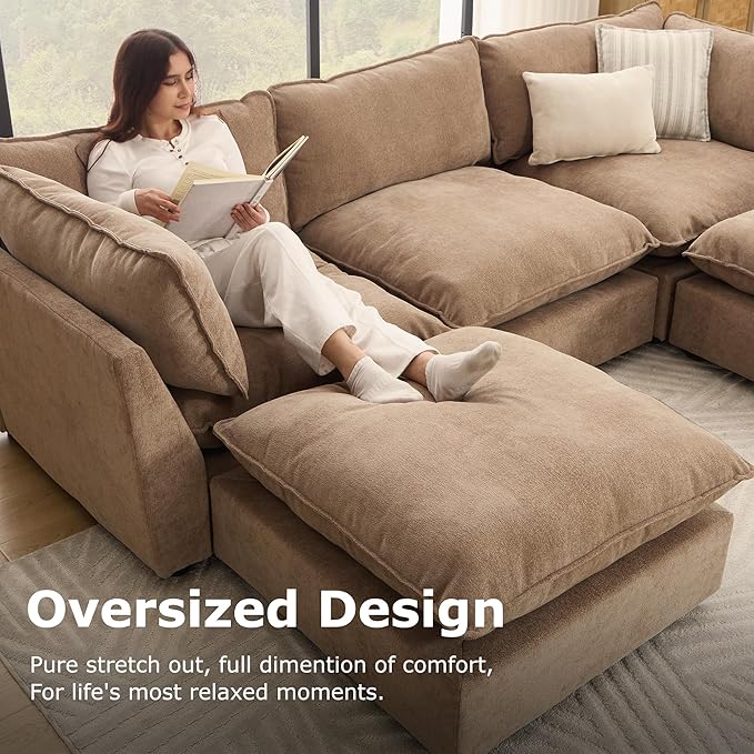 Modular Sectional Sofa Oversized Chenille Cloud Couch Deep Comfy Seat 3-Seater Sofas Couches for Living Room Khaki | Premium Chenille Without Compress Oversized Cloud Comfort Thick Cushions