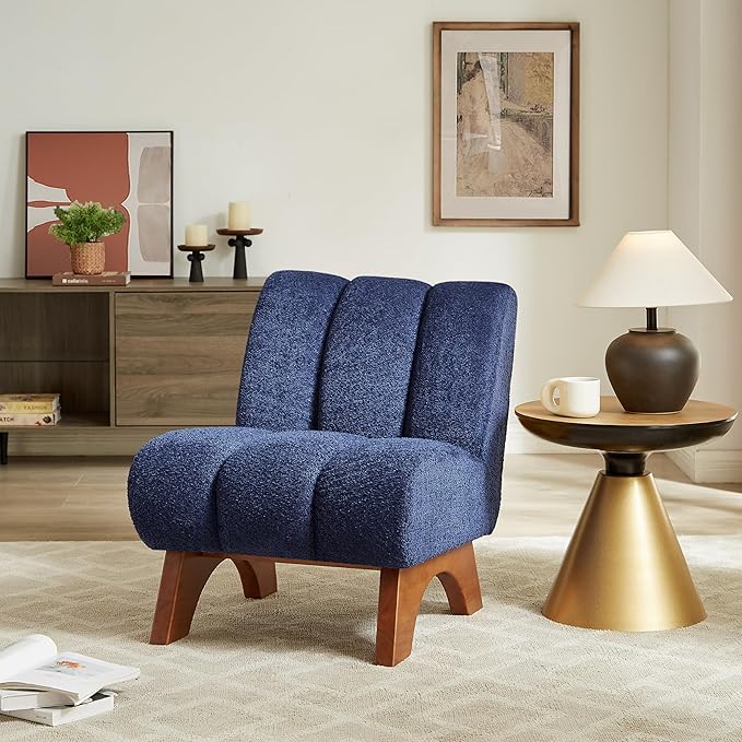 Art Leon Modern Accent Chair Sherpa Fabric Modular Single Sofa Chair Armless Chair with Wooden Legs for Living Room Bedroom Blue