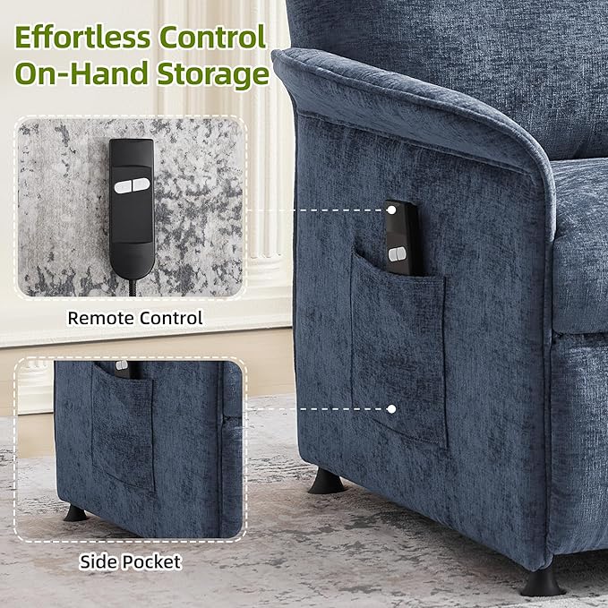 Power Recliner Chair with Remote Control 21 Wide Seat Small Recliners with Side Pocket for Adults Thick Cushions Chair for Living Room &amp Bedroom Blue
