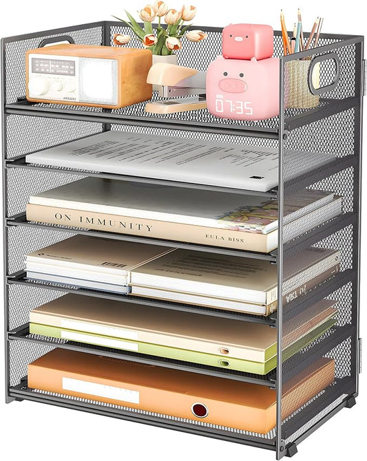 Subekyu 6 Tier Paper Organizer for Desk with Handle Metal Mesh Desk Office File Folder Paper Letter Tray Accessories Organizer Sorter for Home School Office Desktop Document Organization - Gray