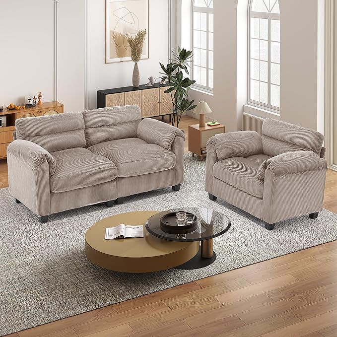 Corduroy Sofa Set Upholstered Armchair and Loveseat with Plush Cushions and Rolled Arms Modern Living Room Furniture SetsBrown