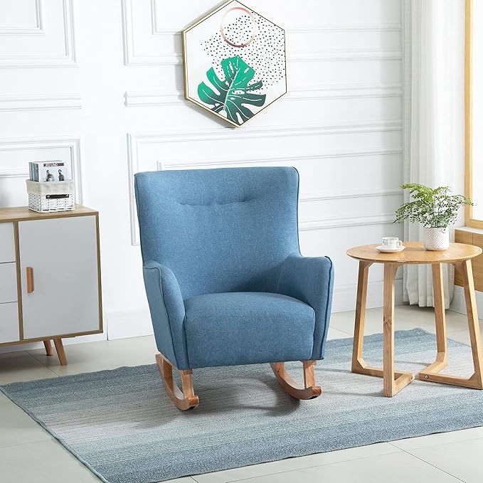 HOMCOM Modern Rocking Chair Sofa Armchair Modern Accent Chair with Thick Padding Winged Back for Living Room or Bedroom Blue