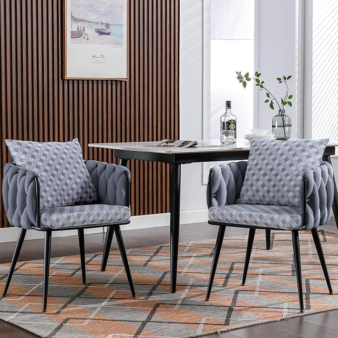 Generic Grey Modern Velvet Dining Chairs Set of 2 Hand Weaving Accent Chairs Living Room Chairs Upholstered Side Chair with Black Metal Legs for Dining Room Kitchen Vanity Living Room