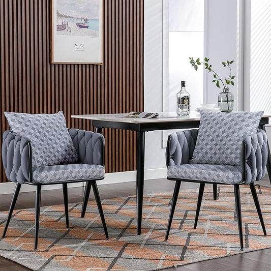Generic Grey Modern Velvet Dining Chairs Set of 2 Hand Weaving Accent Chairs Living Room Chairs Upholstered Side Chair with Black Metal Legs for Dining Room Kitchen Vanity Living Room